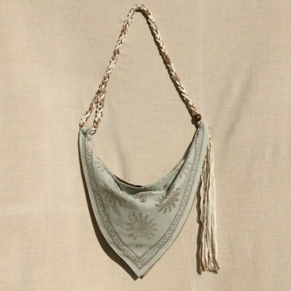Henna Sunburst Hemp Rope Braided Embroidered Green Crossbody Shoulder Bag NEW